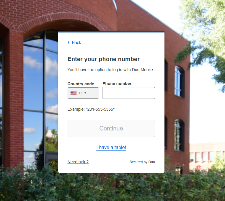 Image showing where to add a mobile phone number to the Duo app