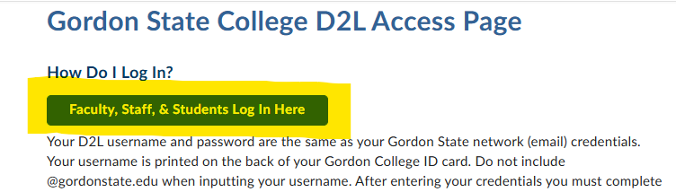 Image of the D2L Login button located on the Gordon State webpage