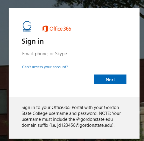 Example image of the Gordon State Single Sign-On webpage